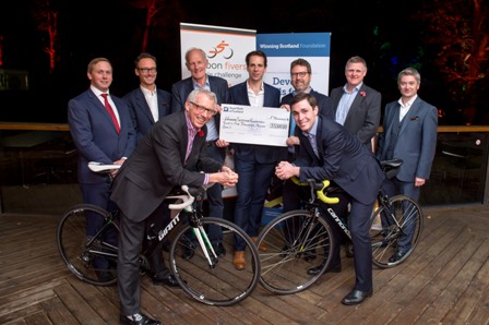 Carbon Financial cheque presentation to Winning Scotland Foundation after their epic 500 mile cycle in 5 days. Picture Fraser Band Please credit photo to Fraser Band Image is free to use in connection with the promotion of the above company or organisation. 'Permissions for ALL other uses need to be sought and payment make be required. Note to Editors:  This image is free to be used editorially in the promotion of the above company or organisation.  Without prejudice ALL other licences without prior consent will be deemed a breach of copyright under the 1988. Copyright Design and Patents Act  and will be subject to payment or legal action, where appropriate. www.frasrband.co.uk NB -This image is not to be distributed without the prior consent of the copyright holder. in using this image you agree to abide by terms and conditions as stated in this caption. All monies payable to Fraser Band (PLEASE DO NOT REMOVE THIS CAPTION) This image is intended for Editorial use (e.g. news). Any commercial or promotional use requires additional clearance.  Copyright 2016 All rights protected. first use only contact details Fraser Band     07984 163 256